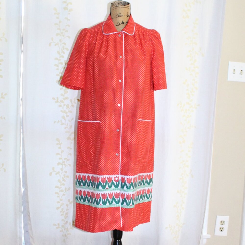 Vtg 50s Mod Evelyn Pearson Red White Polka Dot Tulips Lounge Robe House Dress S